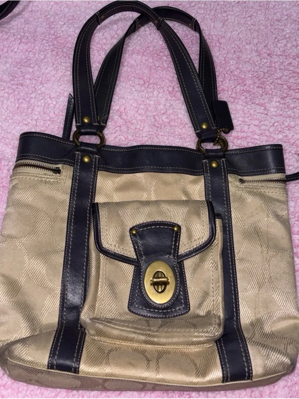 Coach Beige Shoulder Bag with Dark Brown Trim and Gold Hardware